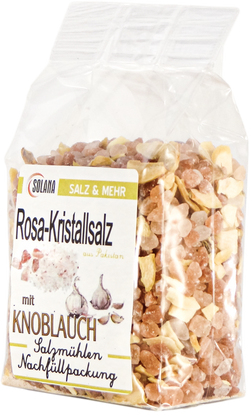 SALZKRISTALLE  REINES ROSA ( bekannt als Himalaya Salz) MIT KNOBLAUCH  300 Gramm Beutel 